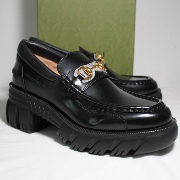 NWB Gucci Horsebit Moccasin Magnum Lug Heels Soles Loafers 40.5 Black 656869 - Picture 1 of 5